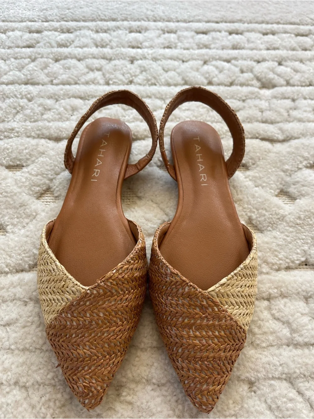 Tahari Two-Tone Woven Pointed-Toe Slingback Flats - Brown/Cream